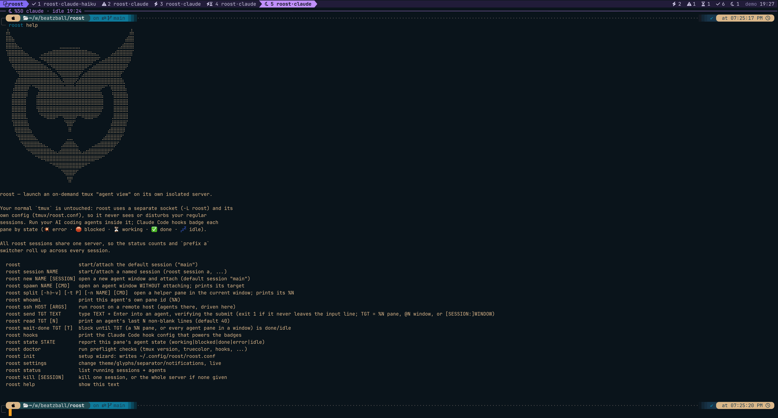 The roost help output: an ASCII owl above the full command list
