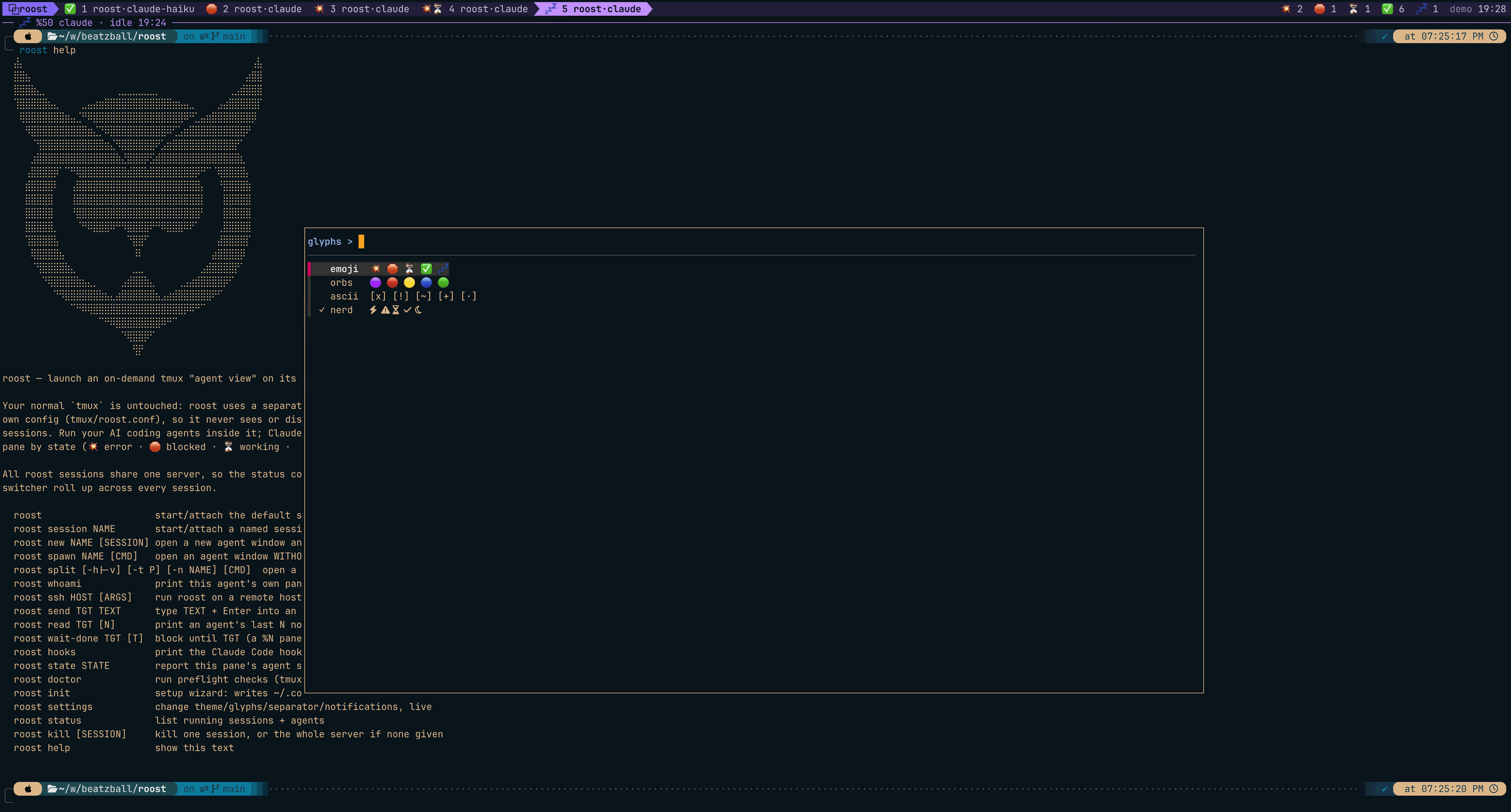 The glyph-set picker showing the emoji, orbs, ascii and nerd sets